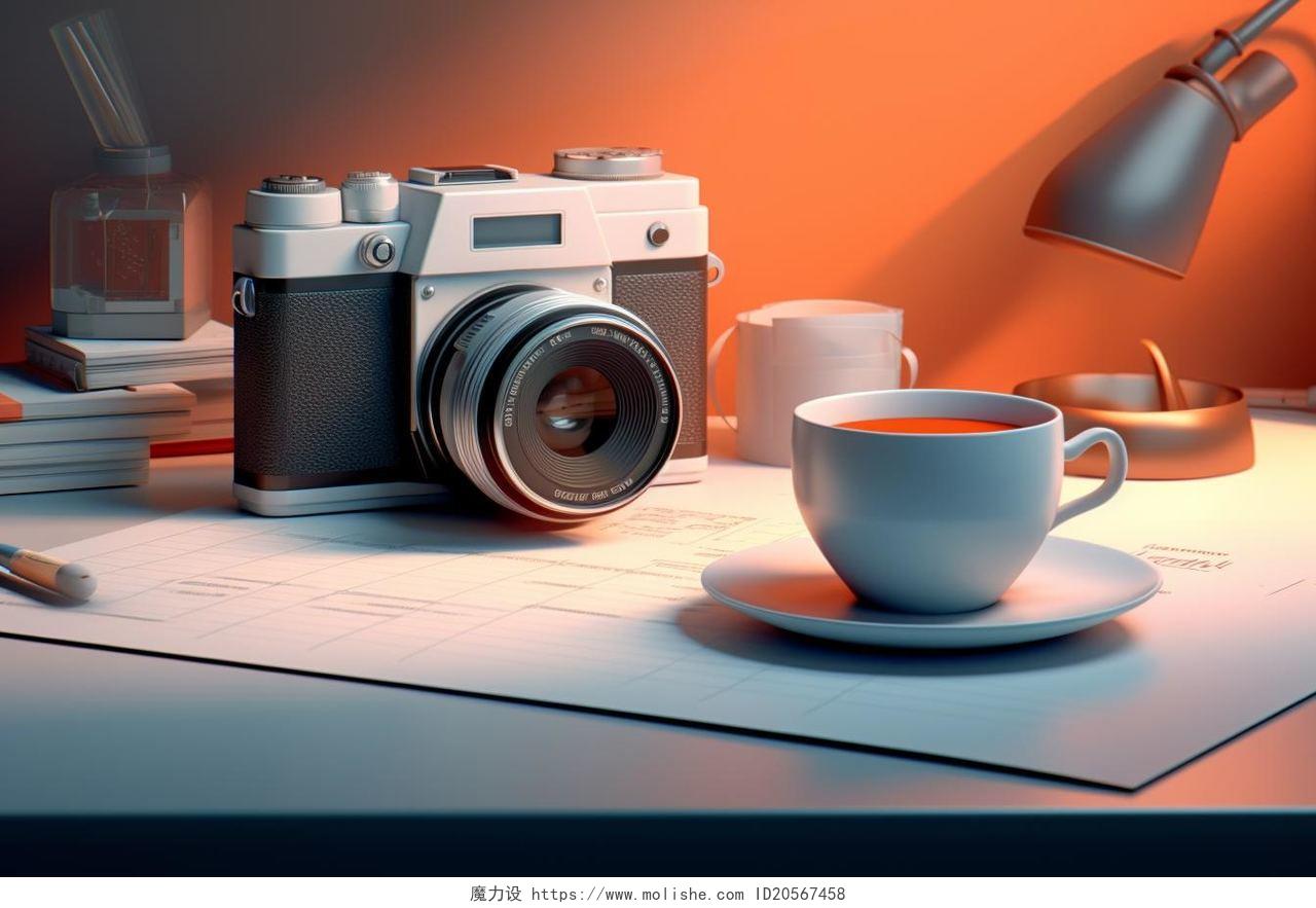 相机和咖啡3D立体AI插画